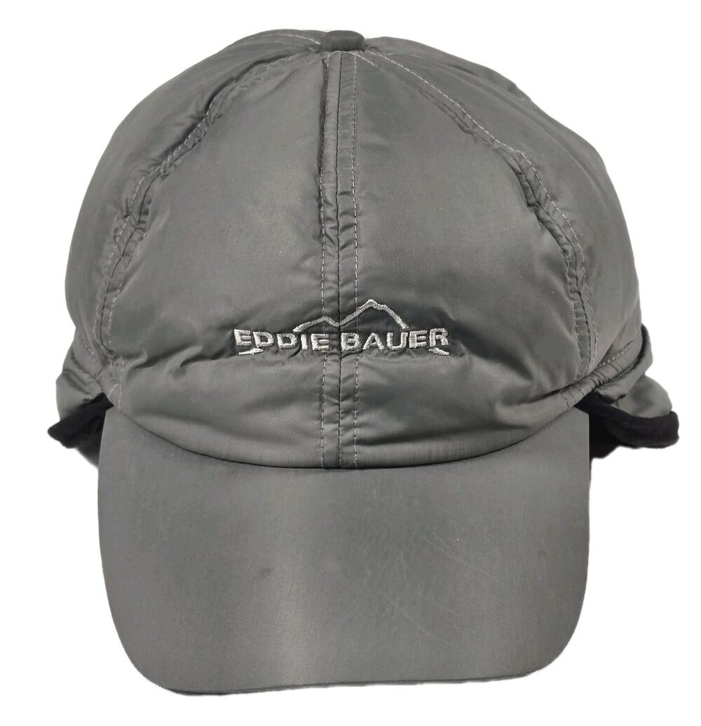 Eddie Bauer Goose Down Gray Fleece Lined Baseball Hat Cap Ear Flaps L/XL